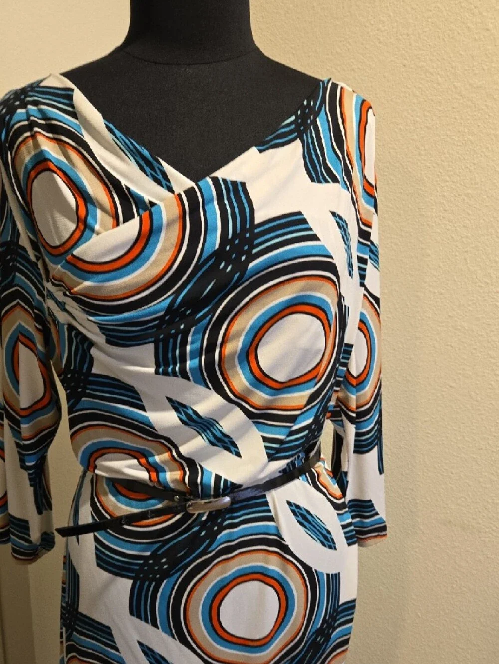 Liz Claiborne White Dress with Blue & Orange Circular Print - Picture 5 of 7